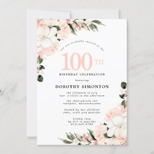 Invitación Elegante Floral Blanca Rosa 100 cumpleaños