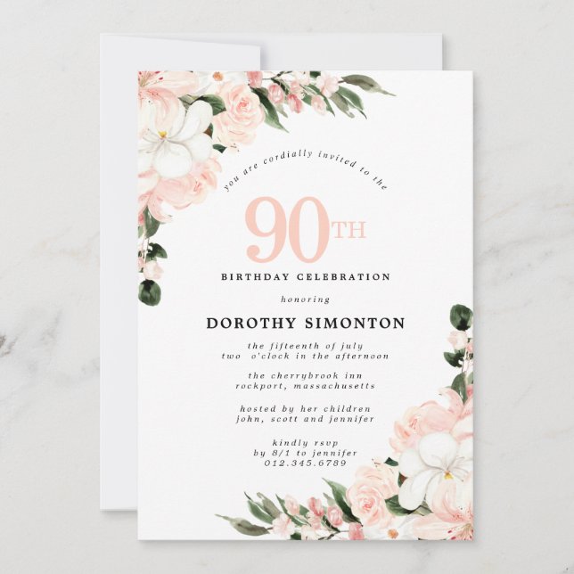 Invitación Elegante Floral Blanca Rosa 90 cumpleaños (Anverso)