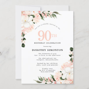 Invitación Elegante Floral Blanca Rosa 90 cumpleaños