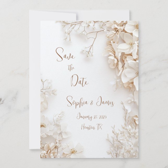 Invitación Elegante floral blanca salva la fecha (Anverso)