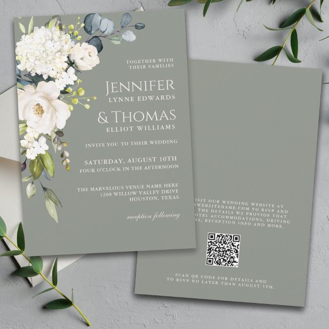Invitación Elegante floral blanca sobre el Boda verde sabio (Subido por el creador)