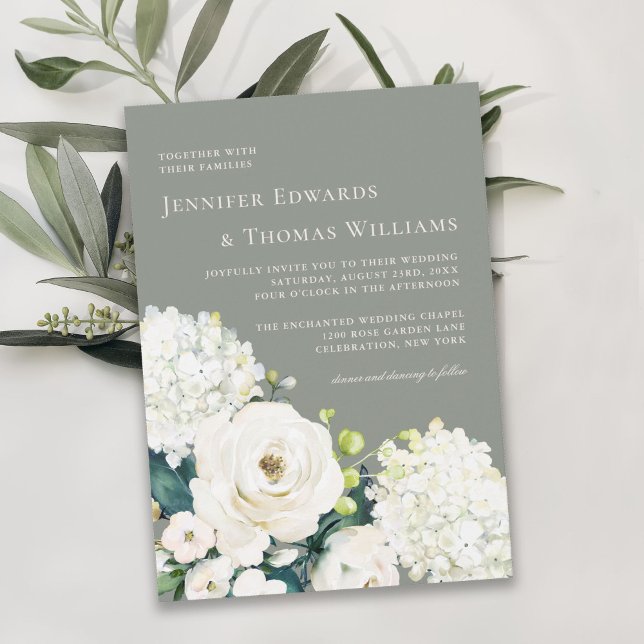 Invitación Elegante floral blanca sobre el Boda verde sabio (Subido por el creador)