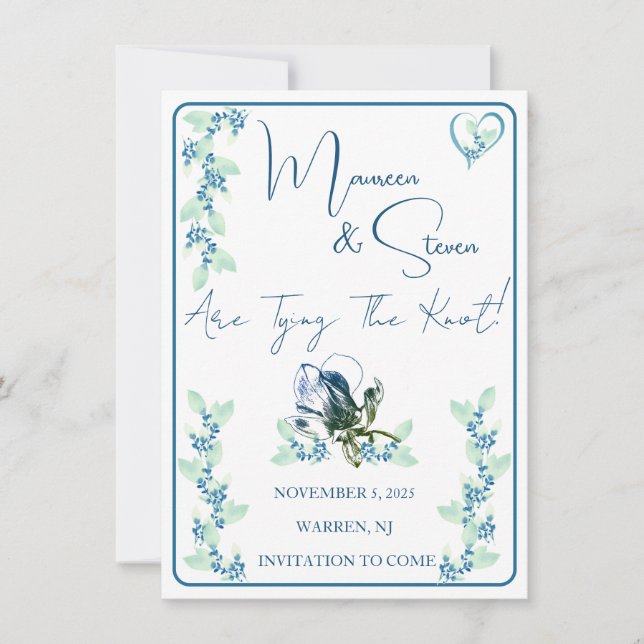 Invitación Elegante Floral Blanca, Verde Y Azul Salven La Fec (Anverso)