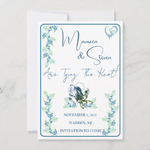 Invitación Elegante Floral Blanca, Verde Y Azul Salven La Fec