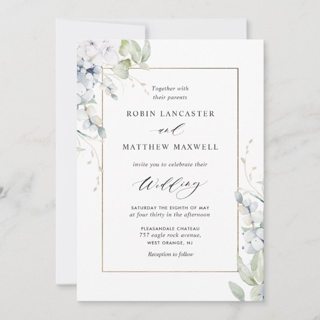 Invitación Elegante floral blanca y azul en un solo Boda (Anverso)