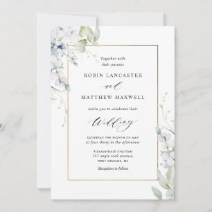 Invitación Elegante floral blanca y azul en un solo Boda