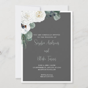 Invitación Elegante floral blanca y Boda gris verde