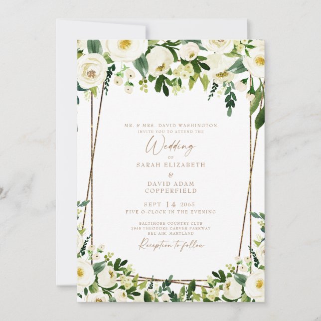 Invitación Elegante floral blanca y Boda moderno dorado (Anverso)