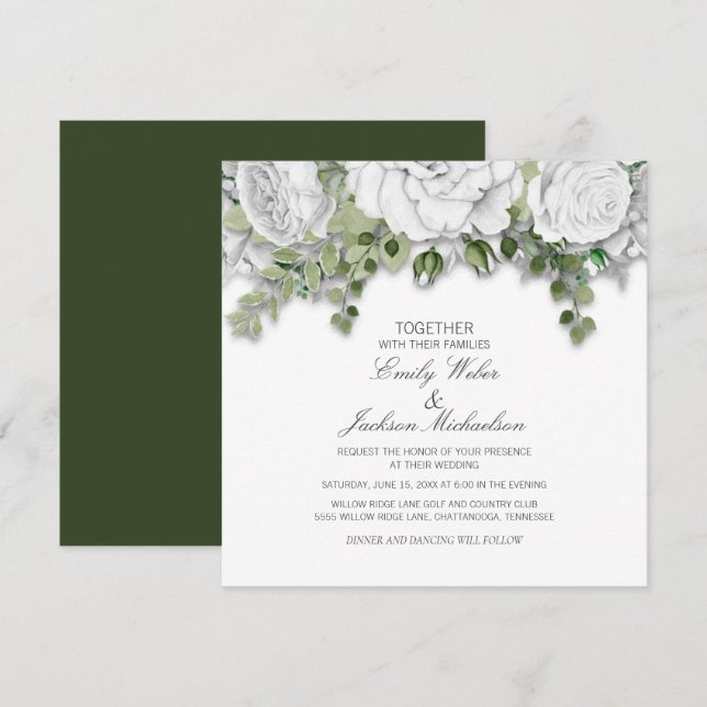 Invitación Elegante floral blanca y Boda verde (Anverso / Reverso)
