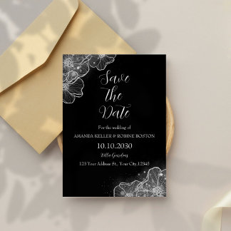 Invitación Elegante floral blanca y negra salva la fecha
