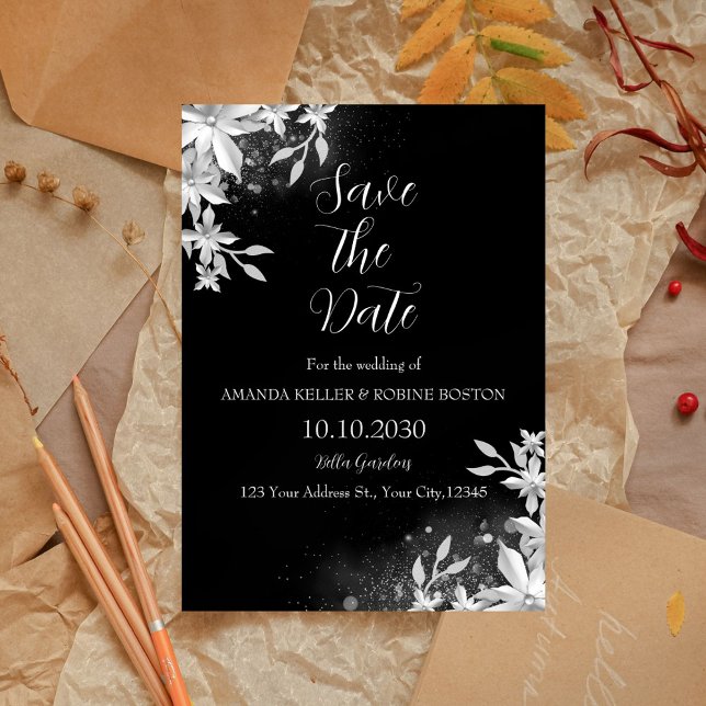 Invitación Elegante floral blanca y negra salva la fecha (Subido por el creador)