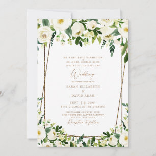 Invitación Elegante Floral Blanca y Oro Ambos Padres Boda I