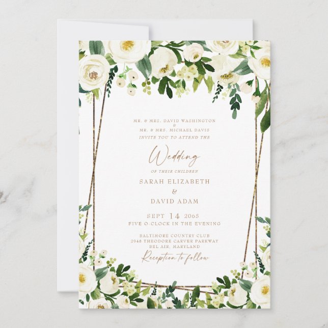 Invitación Elegante Floral Blanca y Oro Ambos Padres Boda I (Anverso)