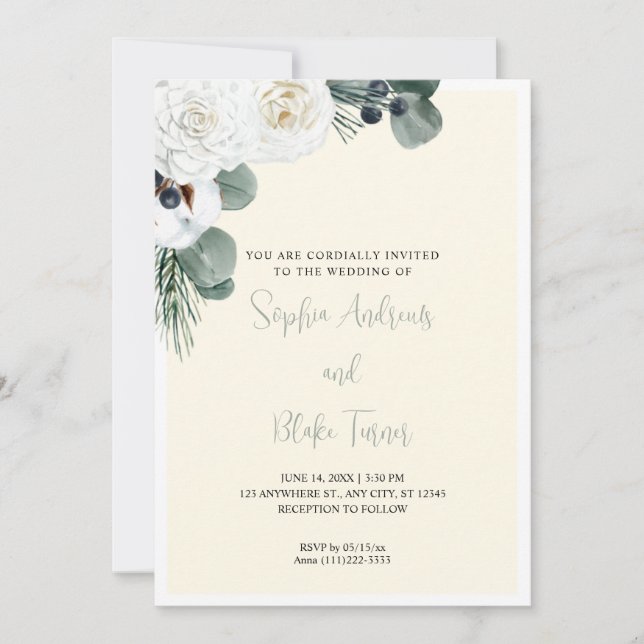 Invitación Elegante floral blanca y verde Boda amarillo (Anverso)