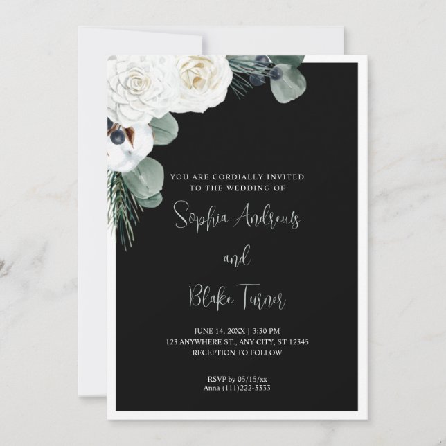 Invitación Elegante floral blanca y verde Boda negro (Anverso)