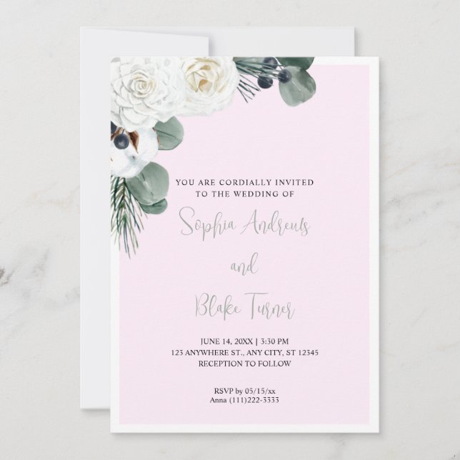 Invitación Elegante floral blanca y verde Boda rosa (Anverso)