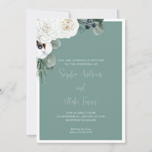 Invitación Elegante floral blanca y verde Boda verde (Anverso)