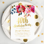 Invitación Elegante floral blanco oro 40 cumpleaños Fiesta<br><div class="desc">Elegantes invitaciones para fiestas de 40 años con un fondo blanco clásico,  exhibición floral de acuarela,  un elegante título tipográfico de Relieve metalizado de oro falso y una plantilla moderna de celebración de cumpleaños.</div>