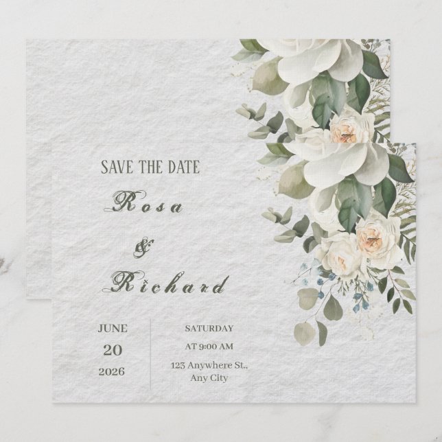 Invitación Elegante Floral Boda Guardar la Fecha (Anverso / Reverso)