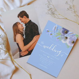 Invitación Elegante Floral Boho Azul de Acuarela Foto Boda