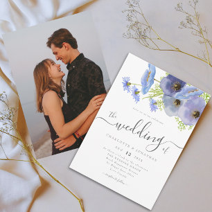 Invitación Elegante Floral Boho Azul Foto Boda Acuarela