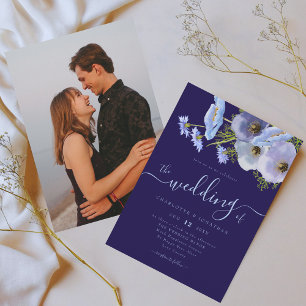 Invitación Elegante Floral Boho Chic Azul Foto Boda