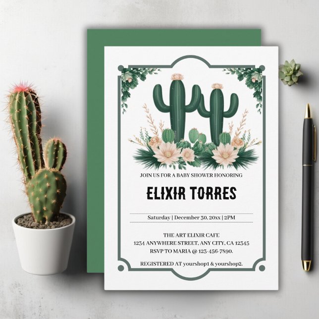 Invitación Elegante Floral Boho Modern Cactus Baby Shower (Subido por el creador)