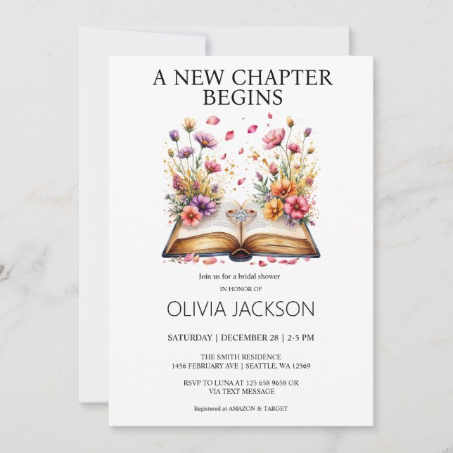 Invitación Elegante Floral Book & Ring Bridal Shower (Anverso)