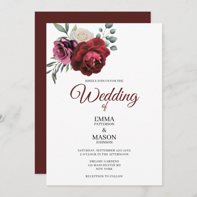 Invitación Elegante Floral Borgoña (Anverso / Reverso)