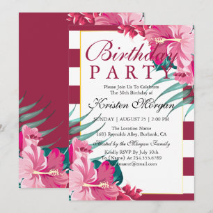 Invitación Elegante floral borgoña a rayas Cumpleaños