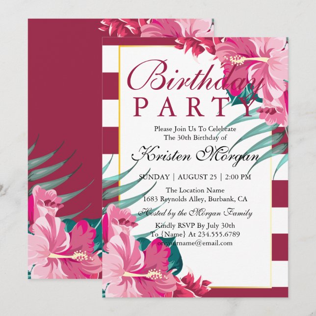 Invitación Elegante floral borgoña a rayas Cumpleaños (Anverso / Reverso)