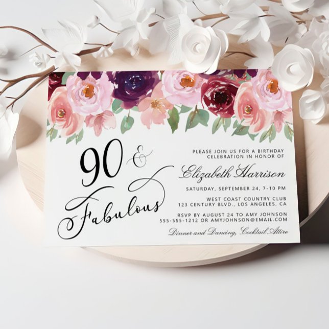 Invitación Elegante floral Borgoña Rosa Novena Fiesta de Cump (Celebrate her 90 years of life with an elegant floral birthday party invitation  🎉 🎂 🥂)