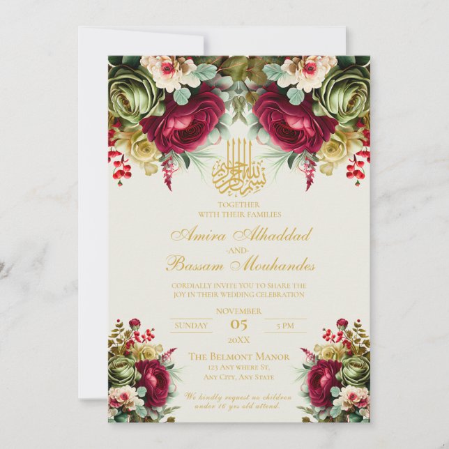 Invitación Elegante floral borgoña Roses rojos Boda islámico (Anverso)