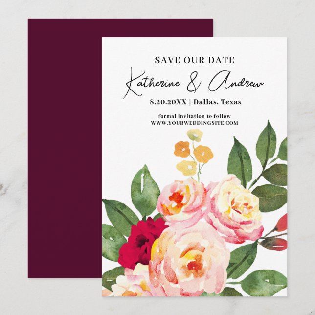 Invitación Elegante Floral Borgoña Rubor Salva La Fecha (Anverso / Reverso)