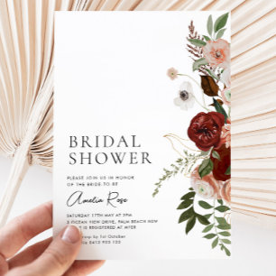 Invitación Elegante Floral Borgoña Script Bridal Shower