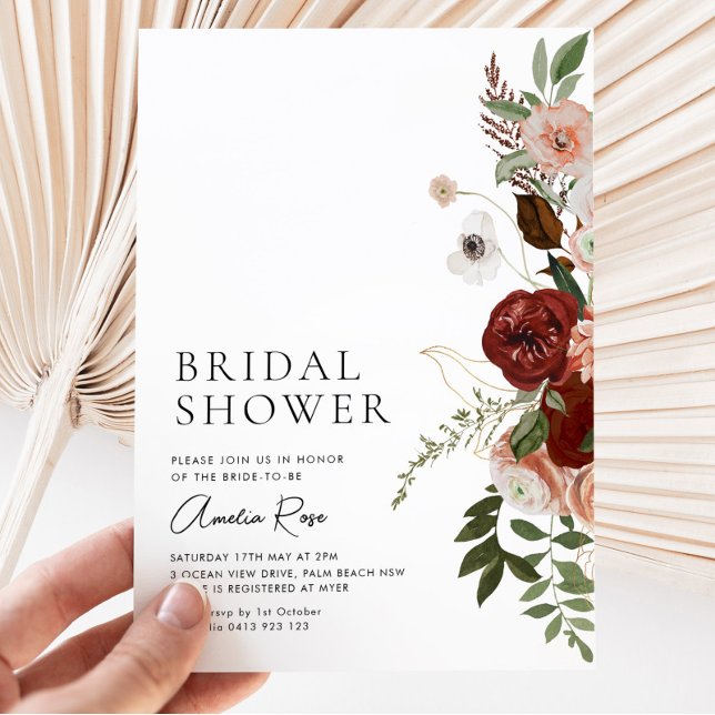 Invitación Elegante Floral Borgoña Script Bridal Shower (Subido por el creador)