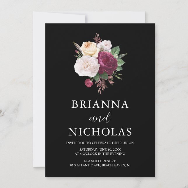 Invitación Elegante floral borgoñona todo en un Boda (Anverso)
