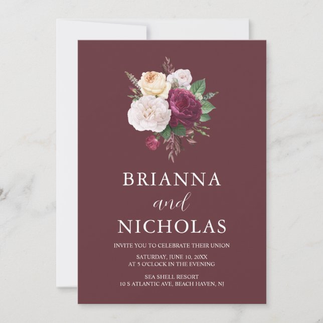 Invitación Elegante floral borgoñona todo en un Boda (Anverso)
