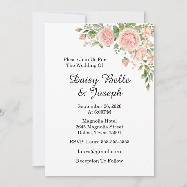 Invitación Elegante Floral Botánica Rosa Rosa Boda (Anverso)