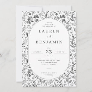 Invitación Elegante Floral Botánico Negro