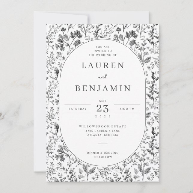 Invitación Elegante Floral Botánico Negro (Anverso)