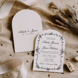 Invitación Elegante floral botánico negro blanco arco nupcial