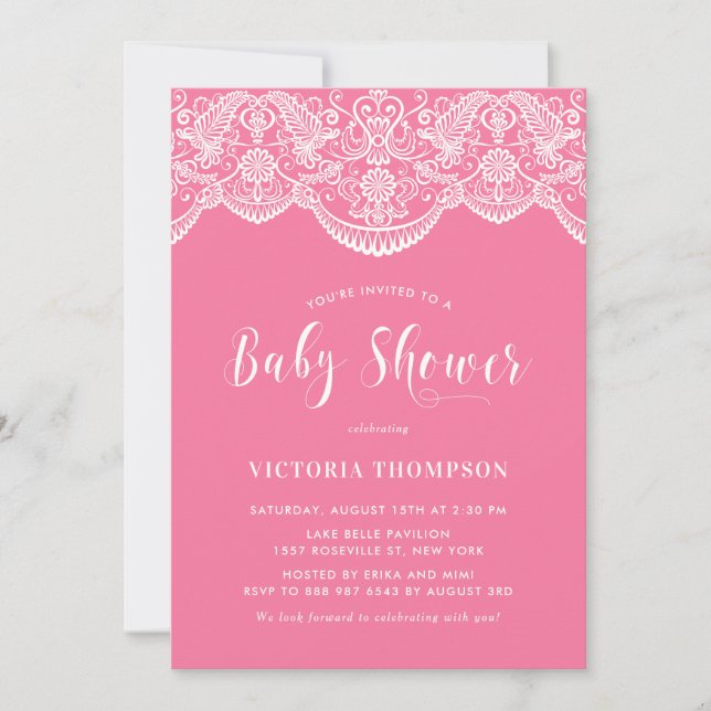 Invitación Elegante Floral Brocade Lace Pink Baby Shower (Anverso)