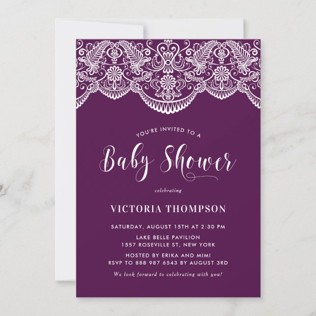 Invitación Elegante Floral Brocade Lace Purple Baby Shower (Anverso)
