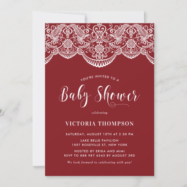 Invitación Elegante Floral Brocade Lace Red Baby Shower (Anverso)