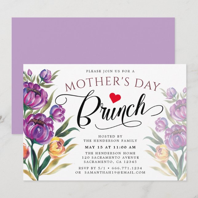 Invitación Elegante floral| Brunch del Día de la Madre (Anverso / Reverso)