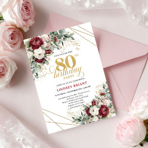 Invitación Elegante Floral Burgundy Eucalipto Dorado Cumpleañ