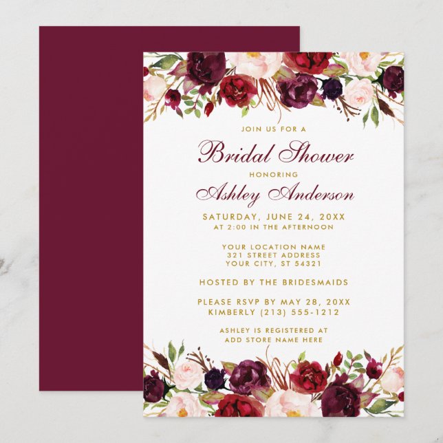 Invitación Elegante Floral Burgundy Gold Bridal Shower (Anverso / Reverso)