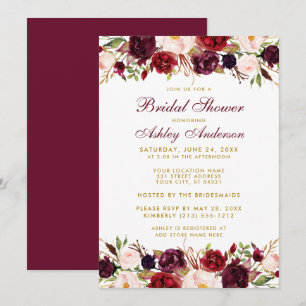 Invitación Elegante Floral Burgundy Gold Bridal Shower