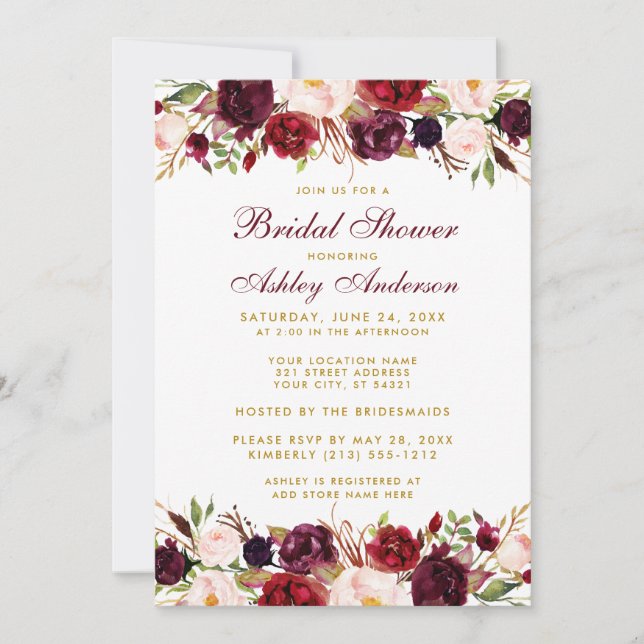Invitación Elegante Floral Burgundy Gold Bridal Shower W (Anverso)